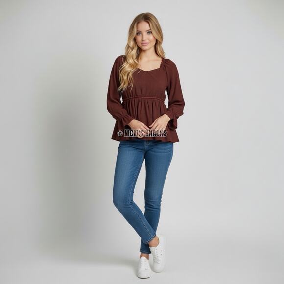 Maurices Rust Peplum Long Sleeve Blouse Square Neck Ruffle Hem Boho Top Size M - Picture 11 of 12